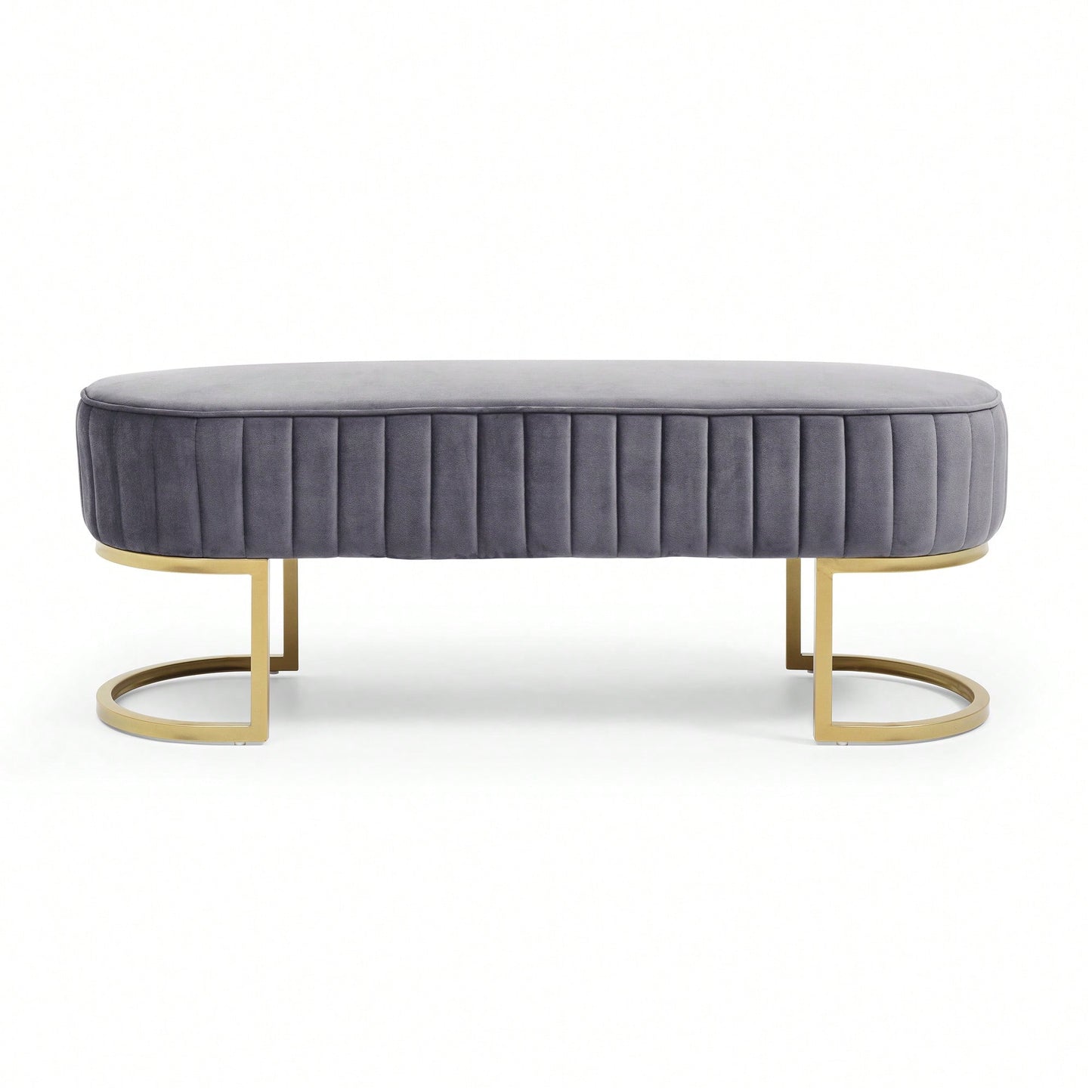 Chic Velvet Oval Upholstered Bench With Gold Metal Legs – 48" Modern Storage Ottoman For Bedroom, Living Room, Or Entryway - Beige