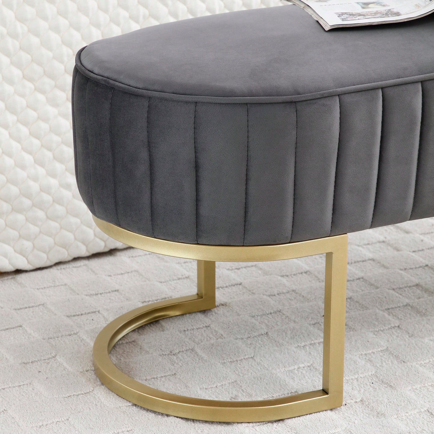 Chic Velvet Oval Upholstered Bench With Gold Metal Legs – 48" Modern Storage Ottoman For Bedroom, Living Room, Or Entryway - Beige