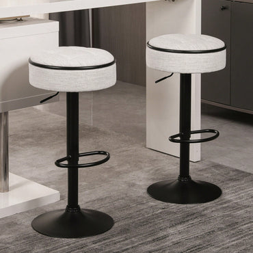 Adjustable Height Round Bar Stools Set of 2 with 360° Swivel Black Linen Upholstery Armless Design for Kitchen and Dining Room