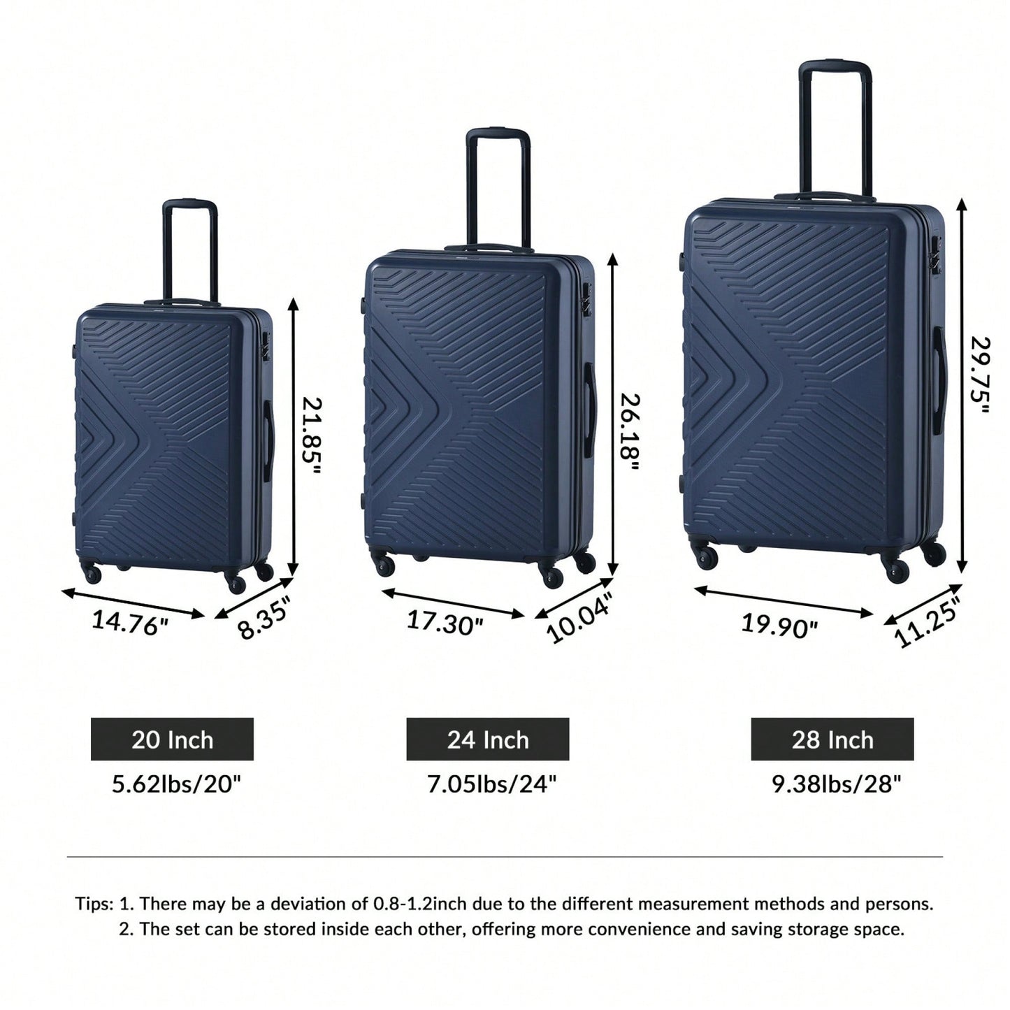 Lightweight 3-Piece ABS Luggage Set With Spinner Wheels, TSA Lock & Double Hooks - 20"/24"/28" - Stylish Blue Travel Suitcases