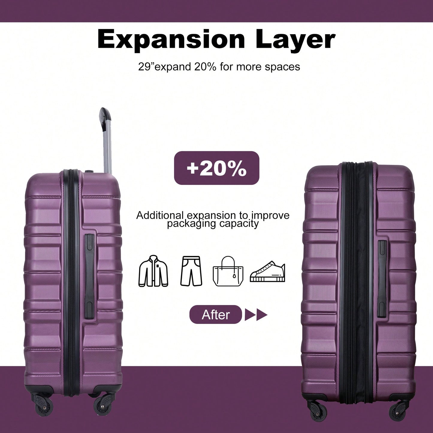 Lightweight Expandable 3-Piece Luggage Set – Durable Suitcases With Two Hooks, Spinner Wheels, TSA Lock, Dark Purple (21/25/29)