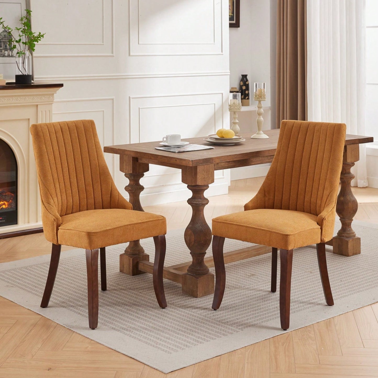 Curved Solid Wood Dining Chairs Set of 2 with Blue Flocking Linen Upholstery for Kitchen and Accent Decor