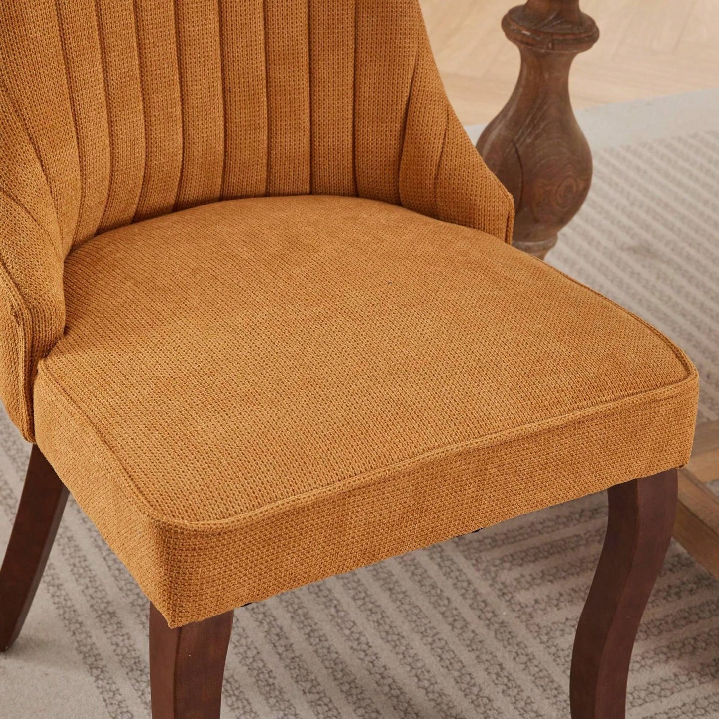 Curved Solid Wood Dining Chairs Set of 2 with Blue Flocking Linen Upholstery for Kitchen and Accent Decor