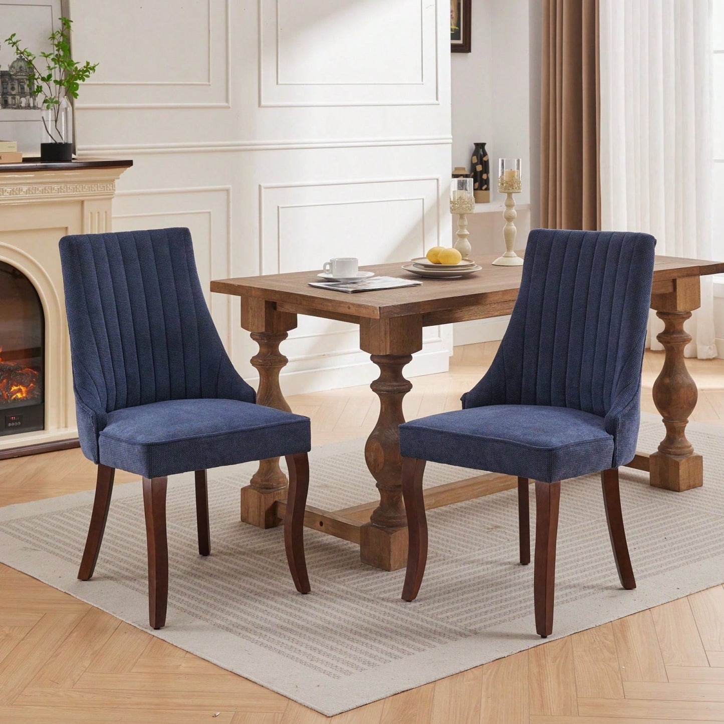 Curved Solid Wood Dining Chairs Set of 2 with Blue Flocking Linen Upholstery for Kitchen and Accent Decor