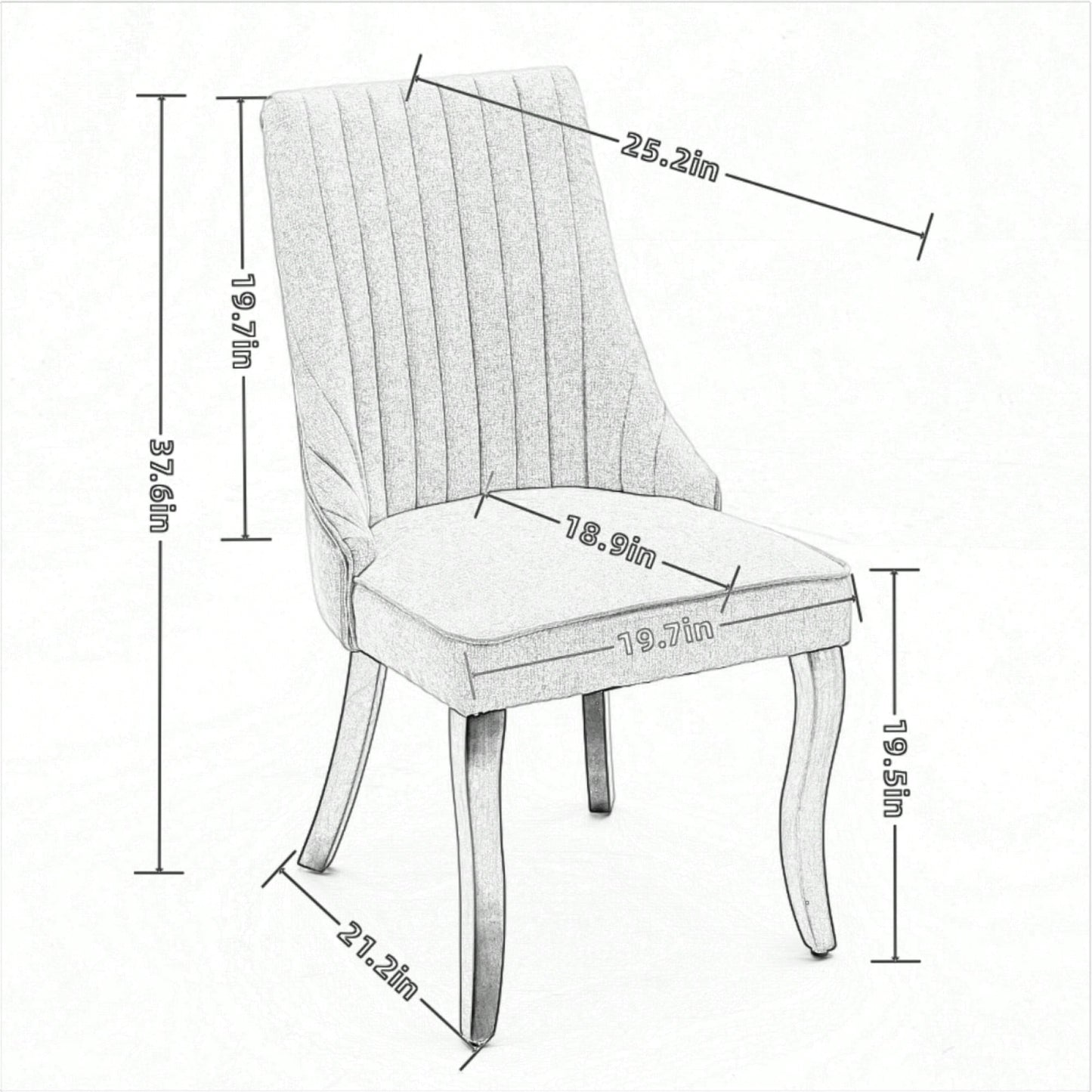 Curved Solid Wood Dining Chairs Set of 2 with Blue Flocking Linen Upholstery for Kitchen and Accent Decor