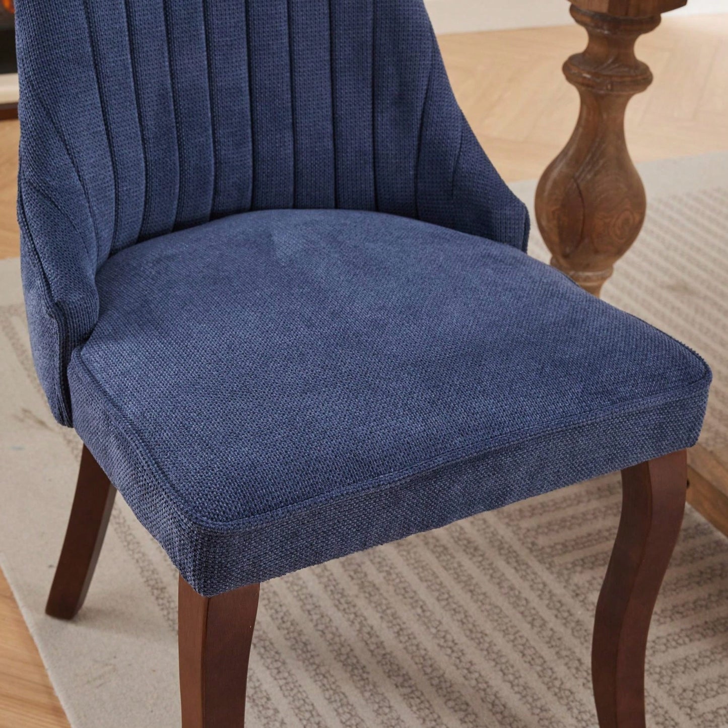 Curved Solid Wood Dining Chairs Set of 2 with Blue Flocking Linen Upholstery for Kitchen and Accent Decor