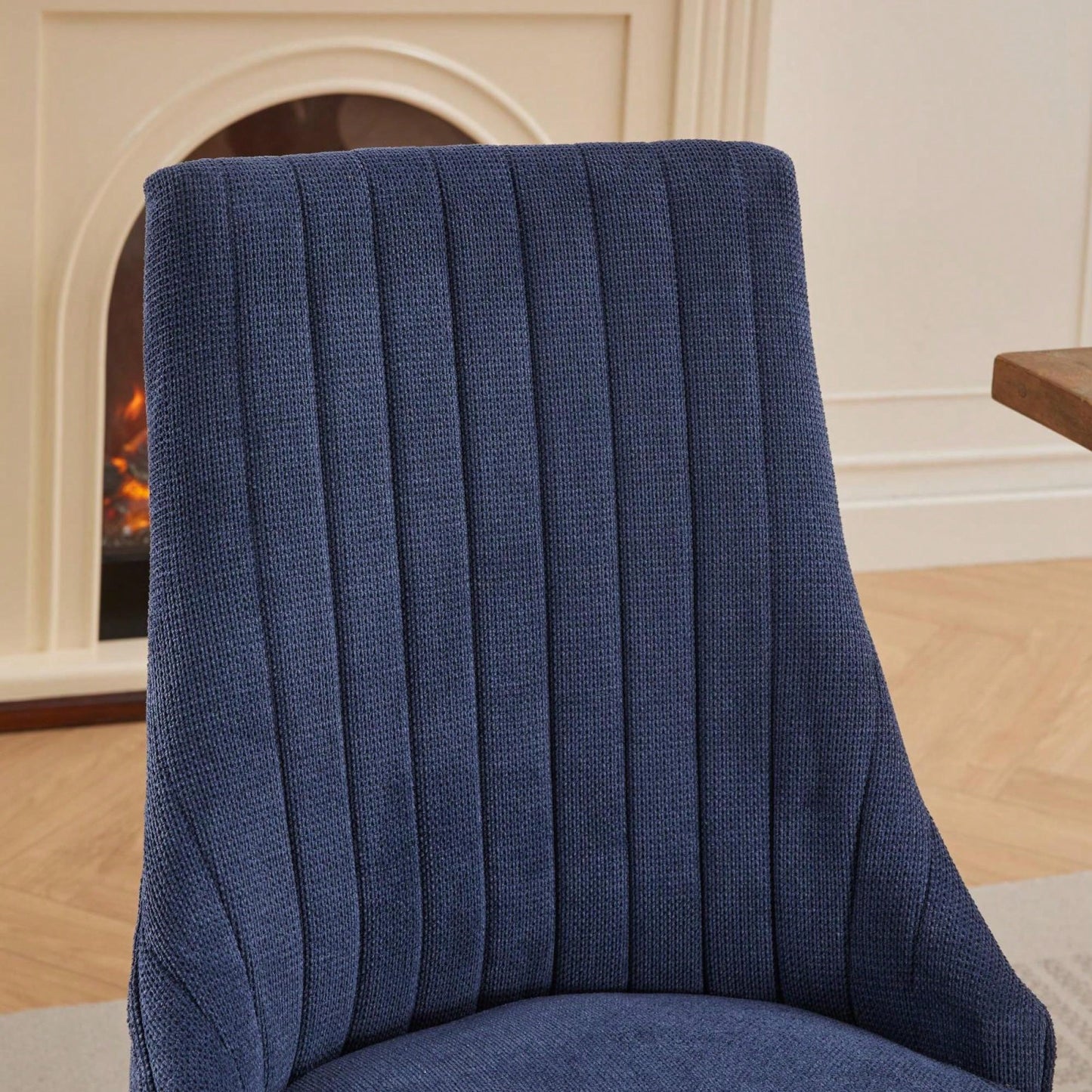 Curved Solid Wood Dining Chairs Set of 2 with Blue Flocking Linen Upholstery for Kitchen and Accent Decor