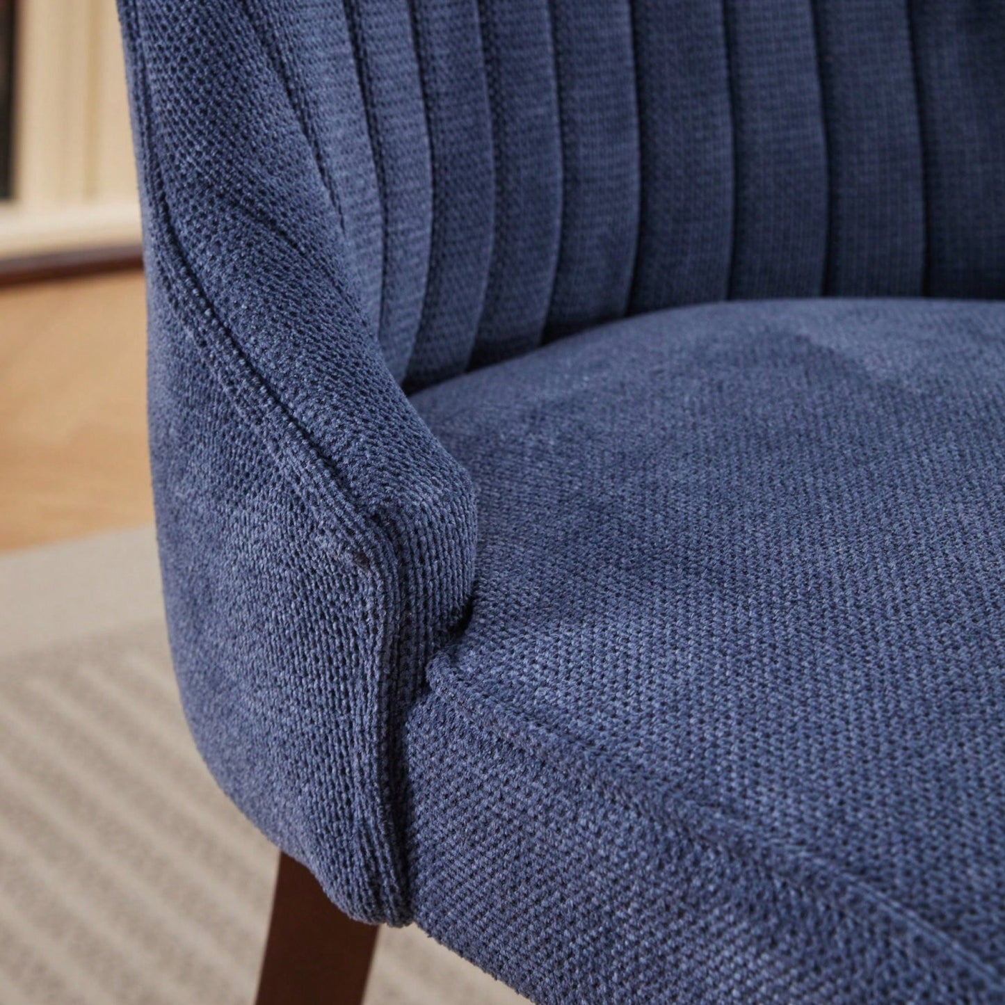 Curved Solid Wood Dining Chairs Set of 2 with Blue Flocking Linen Upholstery for Kitchen and Accent Decor