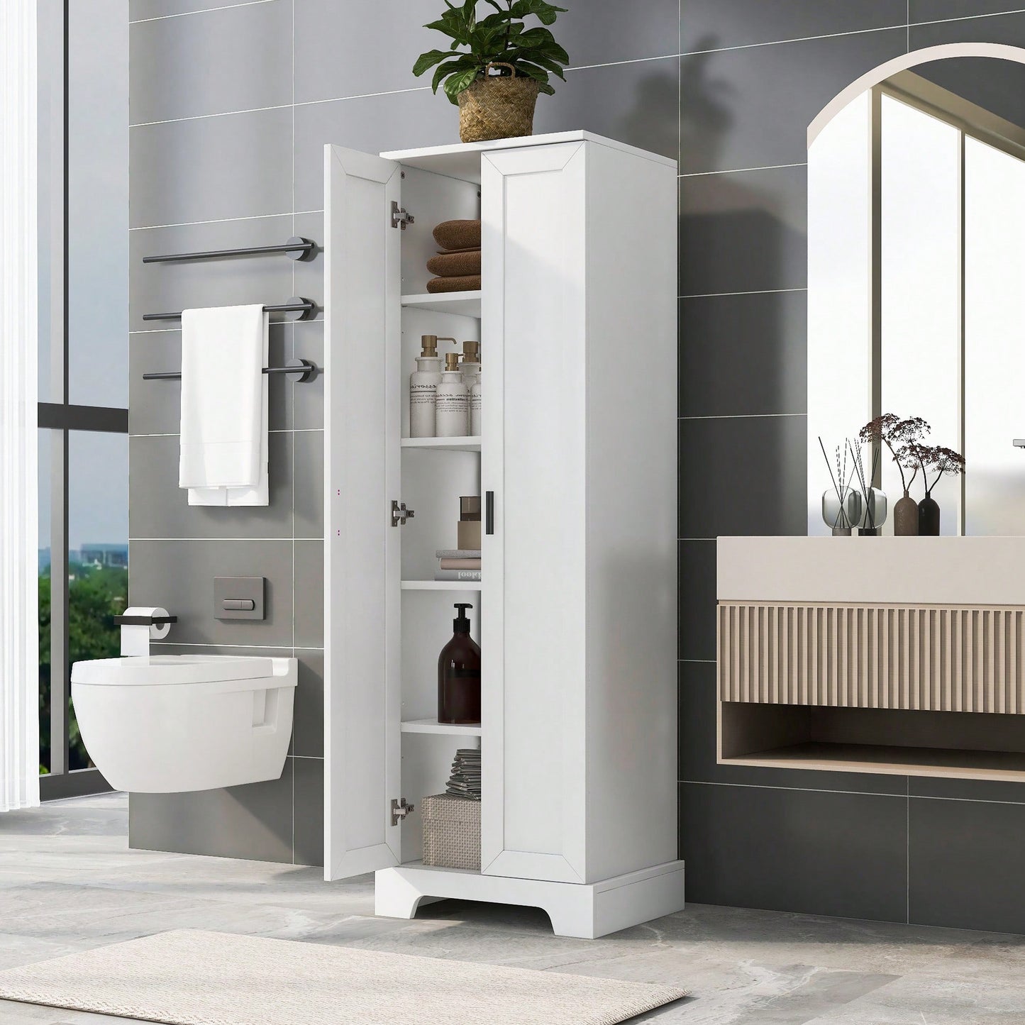 Versatile Two-Door Storage Cabinet For Bathroom And Office With Adjustable Shelf, Durable MDF Construction, Stylish Black Finish