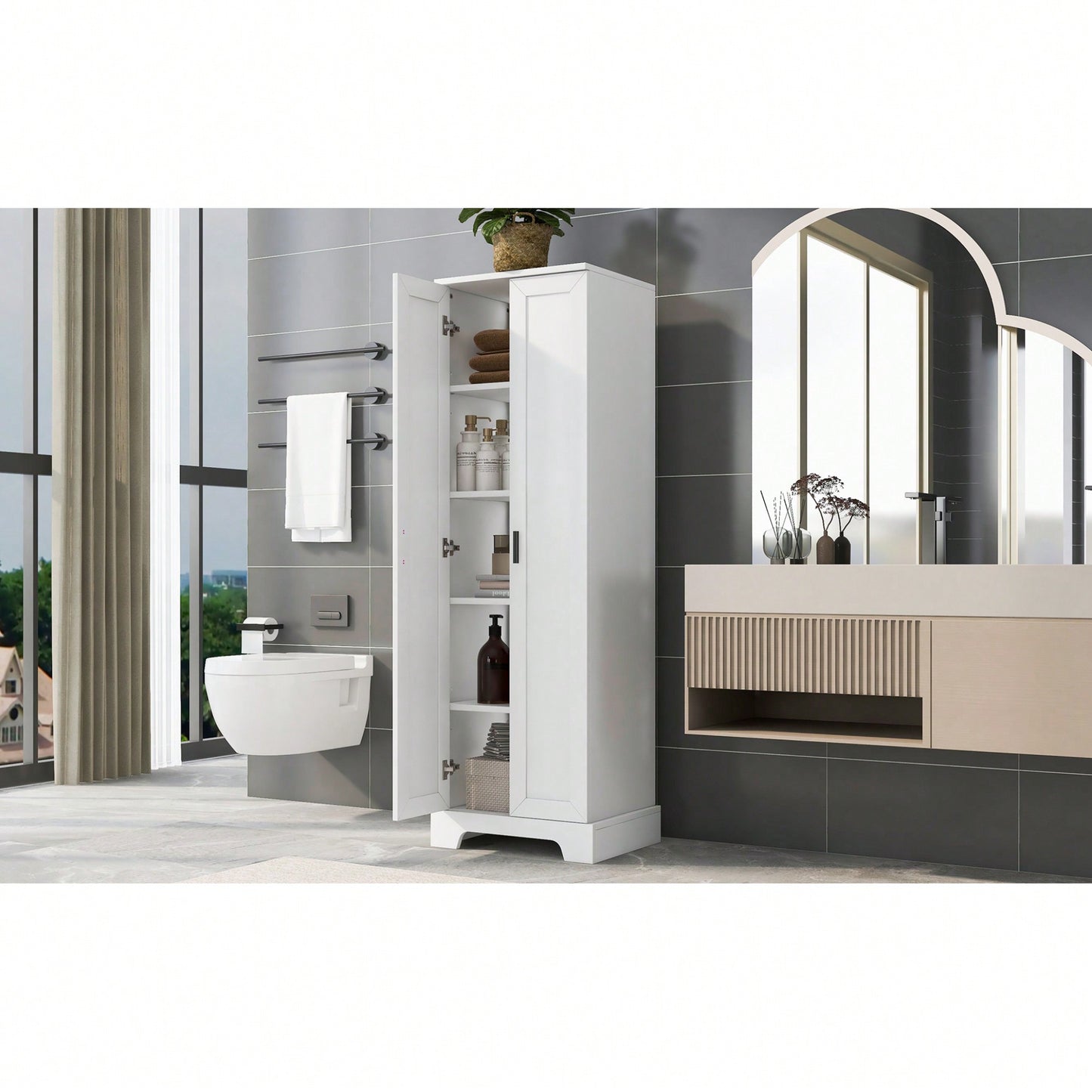 Versatile Two-Door Storage Cabinet For Bathroom And Office With Adjustable Shelf, Durable MDF Construction, Stylish Black Finish