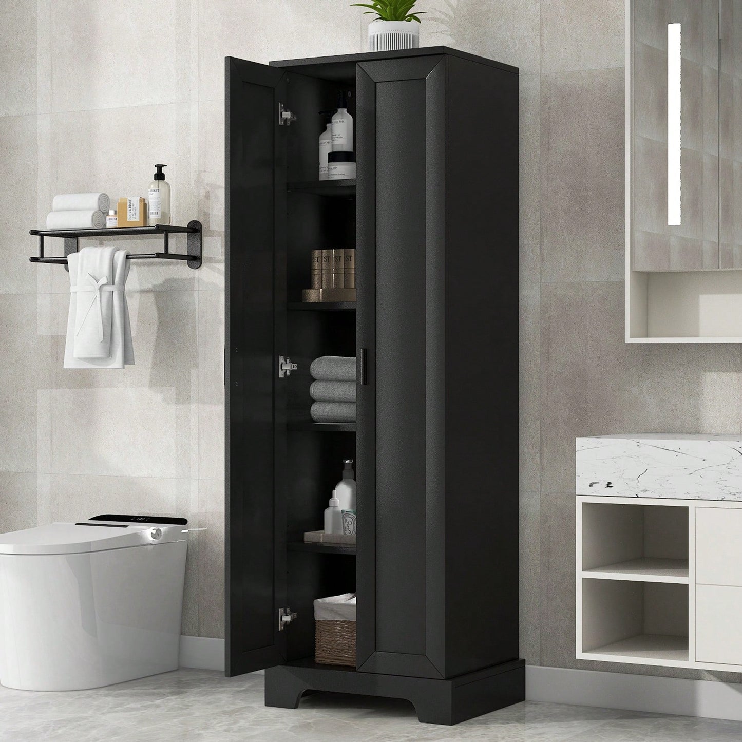 Versatile Two-Door Storage Cabinet For Bathroom And Office With Adjustable Shelf, Durable MDF Construction, Stylish Black Finish