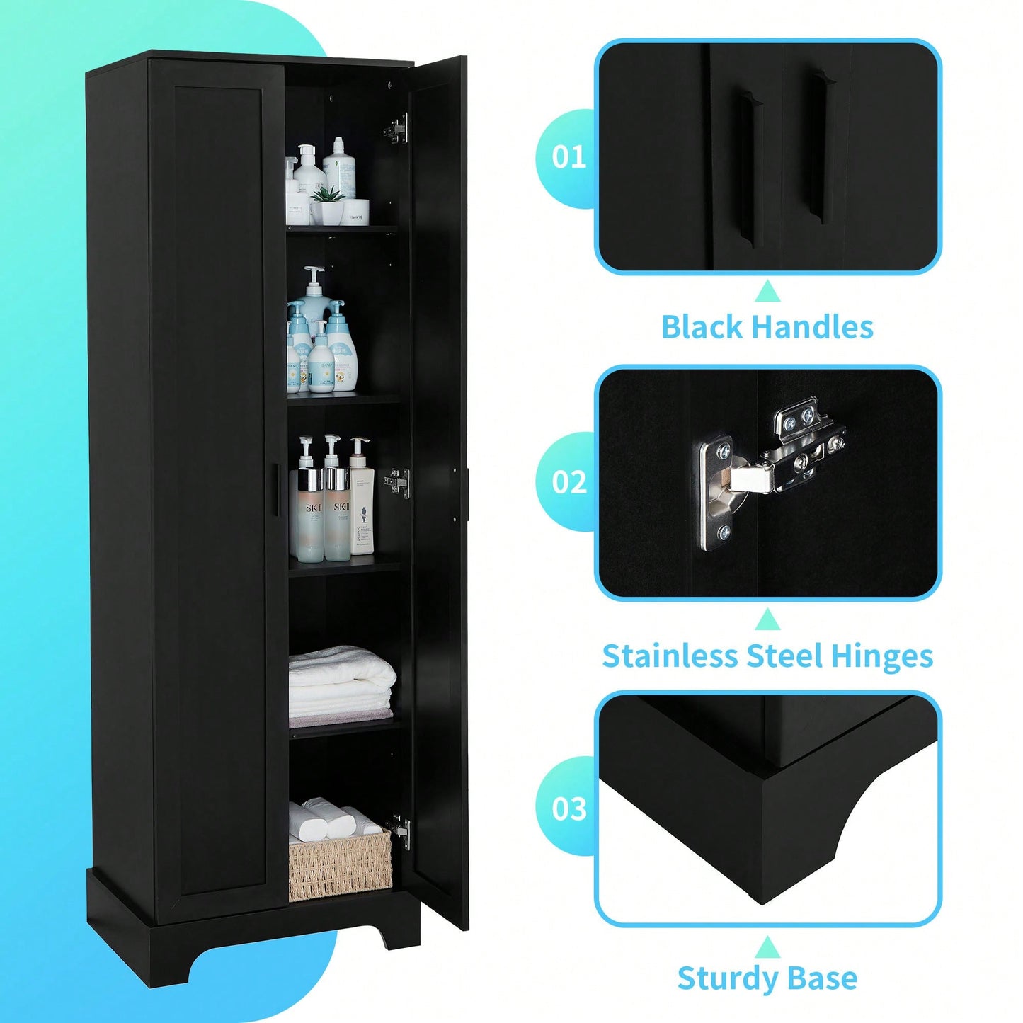 Versatile Two-Door Storage Cabinet For Bathroom And Office With Adjustable Shelf, Durable MDF Construction, Stylish Black Finish
