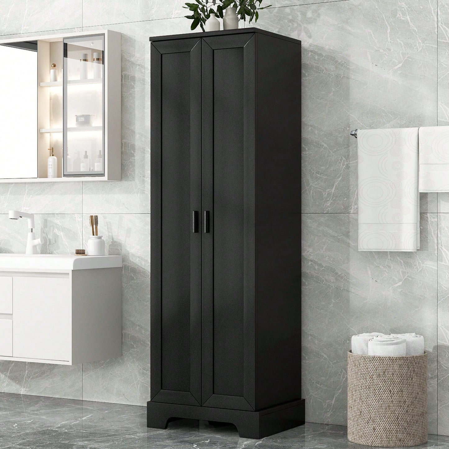 Versatile Two-Door Storage Cabinet For Bathroom And Office With Adjustable Shelf, Durable MDF Construction, Stylish Black Finish