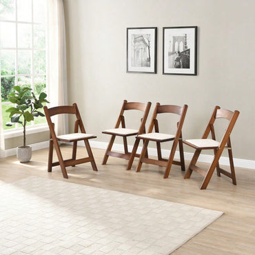 Space-Saving Upholstered Folding Chairs Set Of 4 With Walnut Shelf And Beige Cushion - Easy To Carry Dining Room Furniture