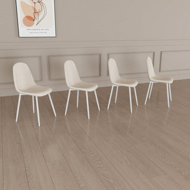 Set Of 4 Modern Linen Upholstered Dining Chairs With Spoon Shape Design And White Metal Legs For Stylish Kitchen And Dining Room (Beige)