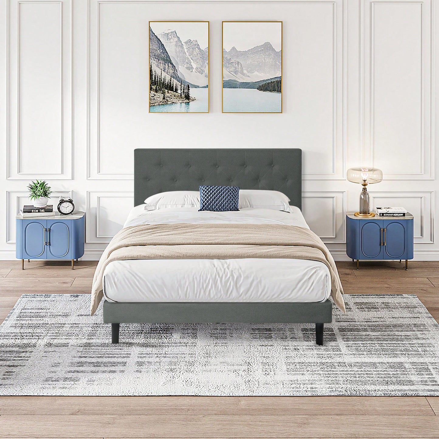 Stylish Grey Linen Twin Size Upholstered Platform Bed Frame with Tufted Headboard and Wood Slats No Box Spring Needed