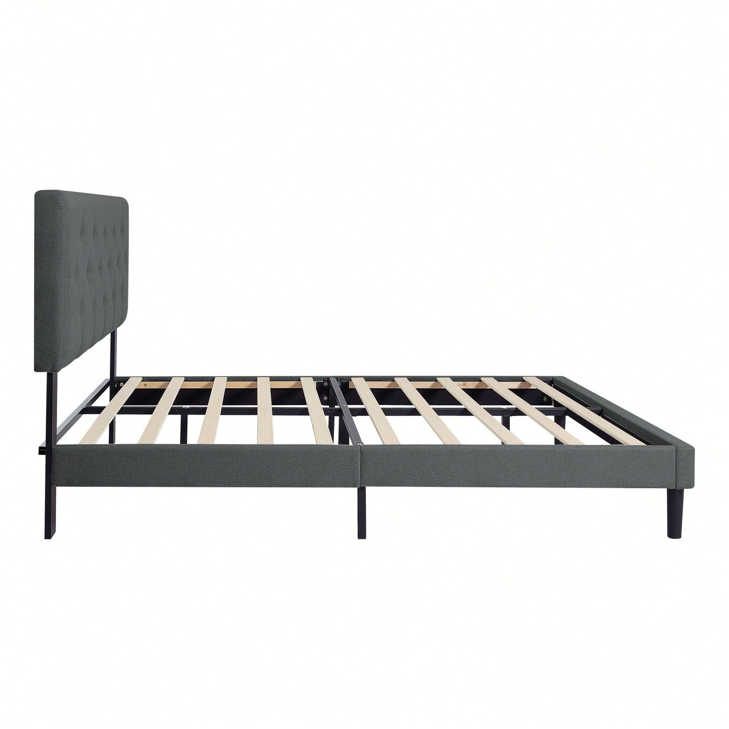 Stylish Grey Linen Twin Size Upholstered Platform Bed Frame with Tufted Headboard and Wood Slats No Box Spring Needed