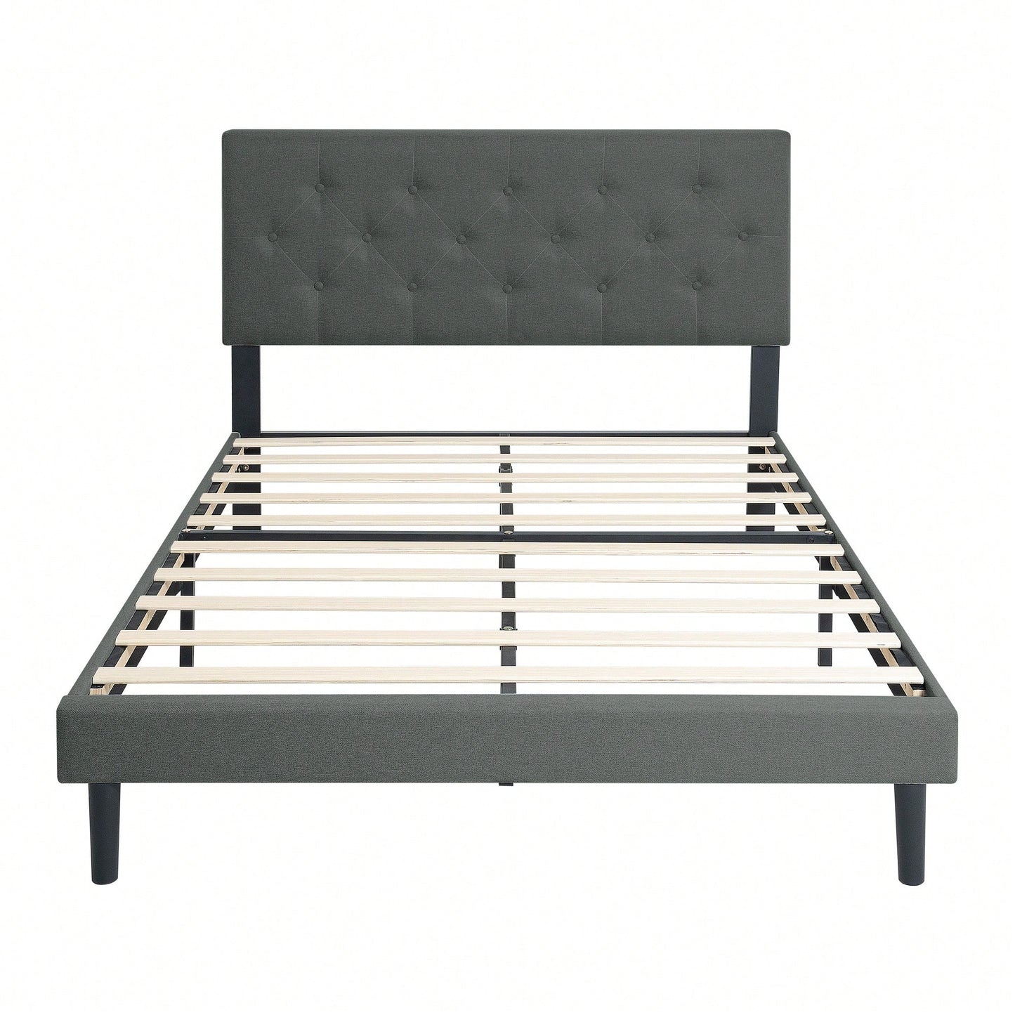 Stylish Grey Linen Twin Size Upholstered Platform Bed Frame with Tufted Headboard and Wood Slats No Box Spring Needed