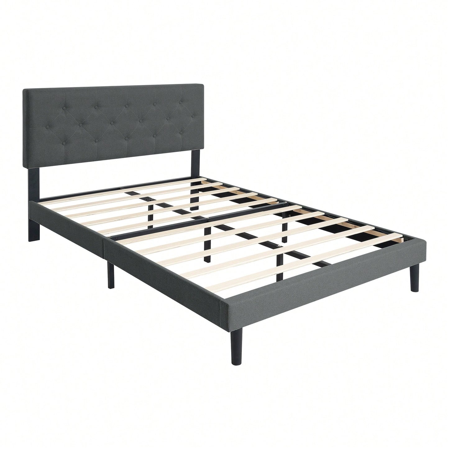 Stylish Grey Linen Twin Size Upholstered Platform Bed Frame with Tufted Headboard and Wood Slats No Box Spring Needed
