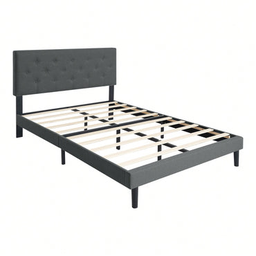 Stylish Grey Linen Twin Size Upholstered Platform Bed Frame with Tufted Headboard and Wood Slats No Box Spring Needed