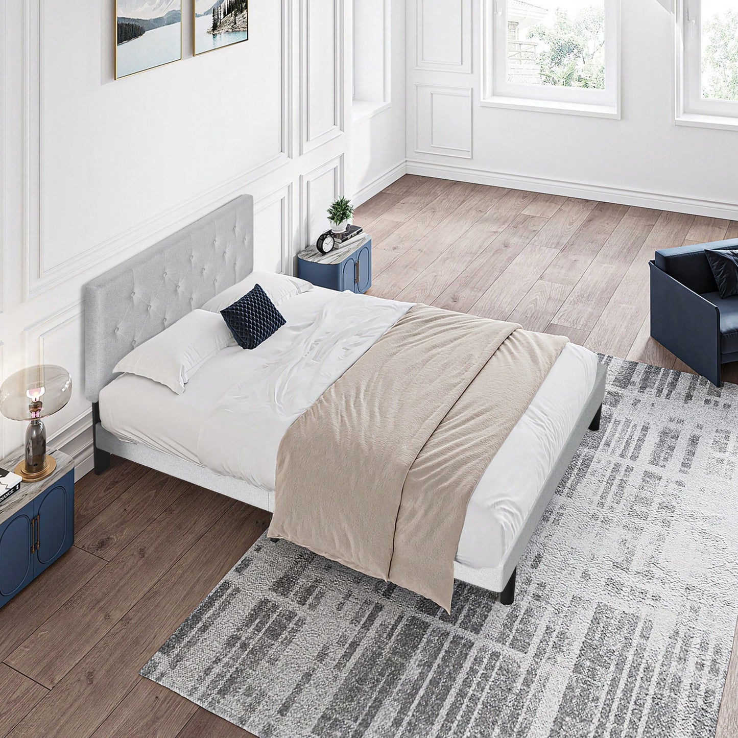 Stylish Grey Linen Twin Size Upholstered Platform Bed Frame with Tufted Headboard and Wood Slats No Box Spring Needed