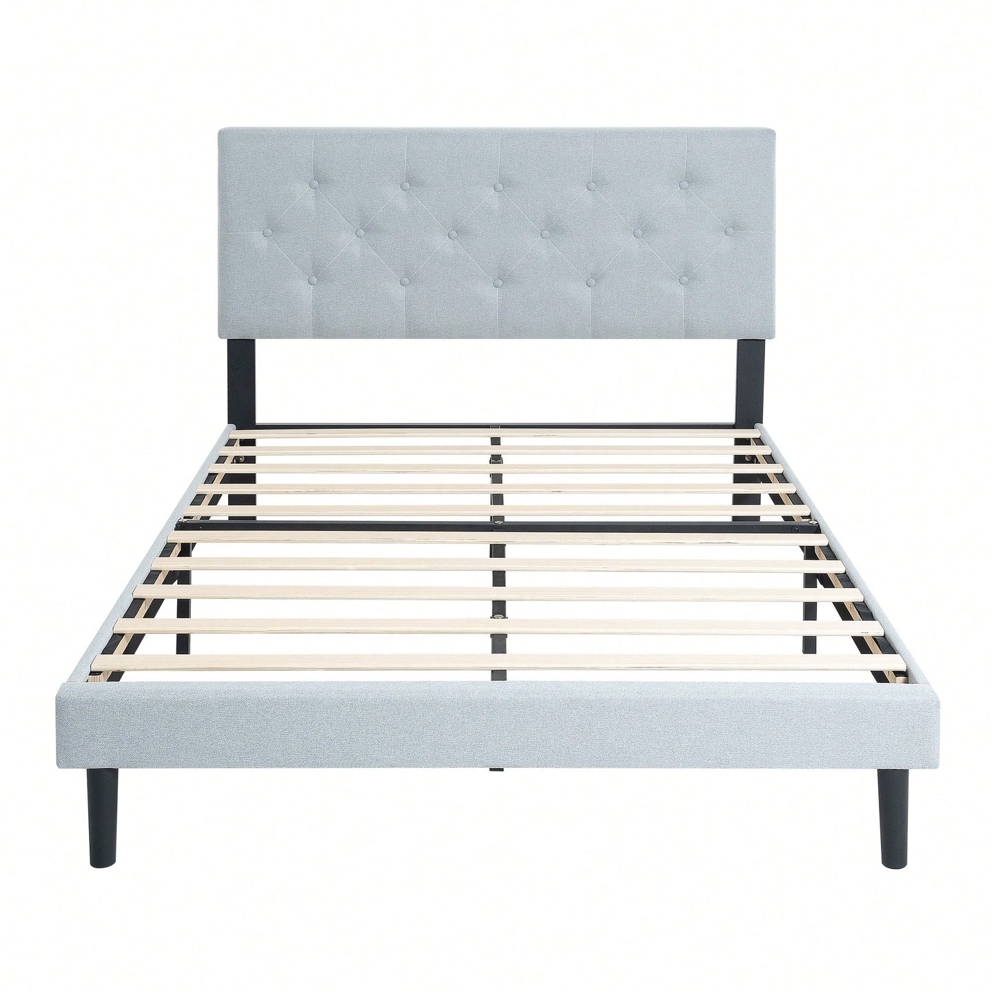 Stylish Grey Linen Twin Size Upholstered Platform Bed Frame with Tufted Headboard and Wood Slats No Box Spring Needed