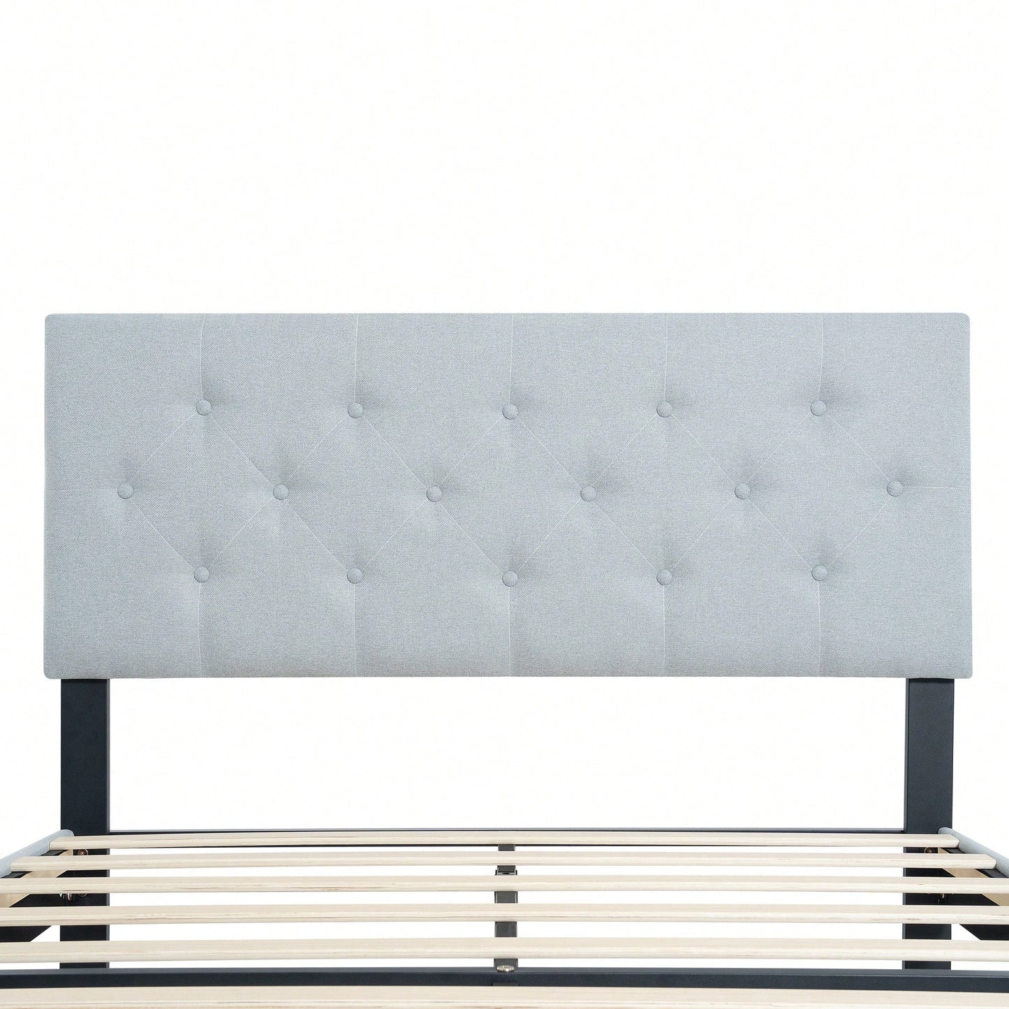 Stylish Grey Linen Twin Size Upholstered Platform Bed Frame with Tufted Headboard and Wood Slats No Box Spring Needed