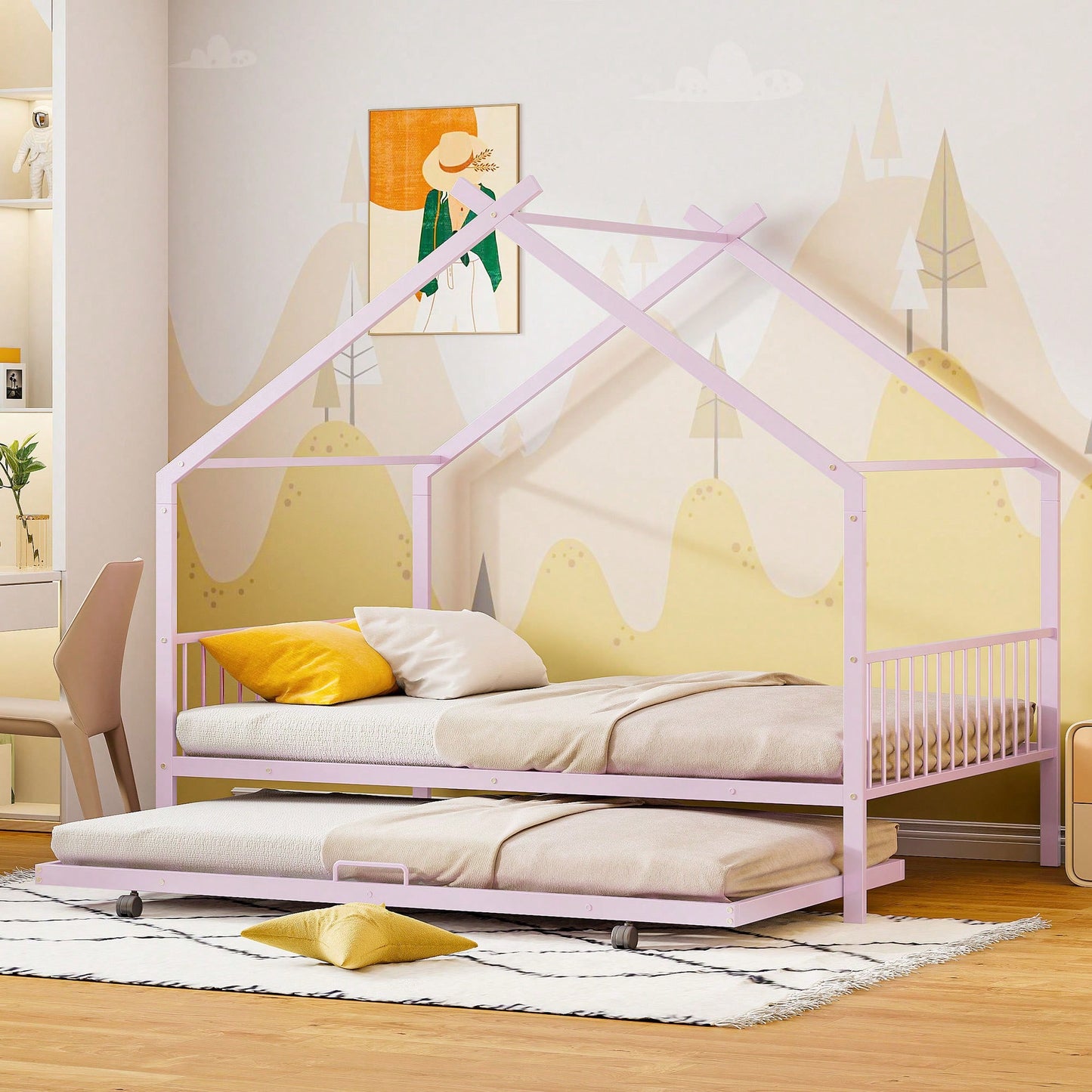 Stylish Twin Size Metal House Bed With Trundle - Space-Saving Design In White