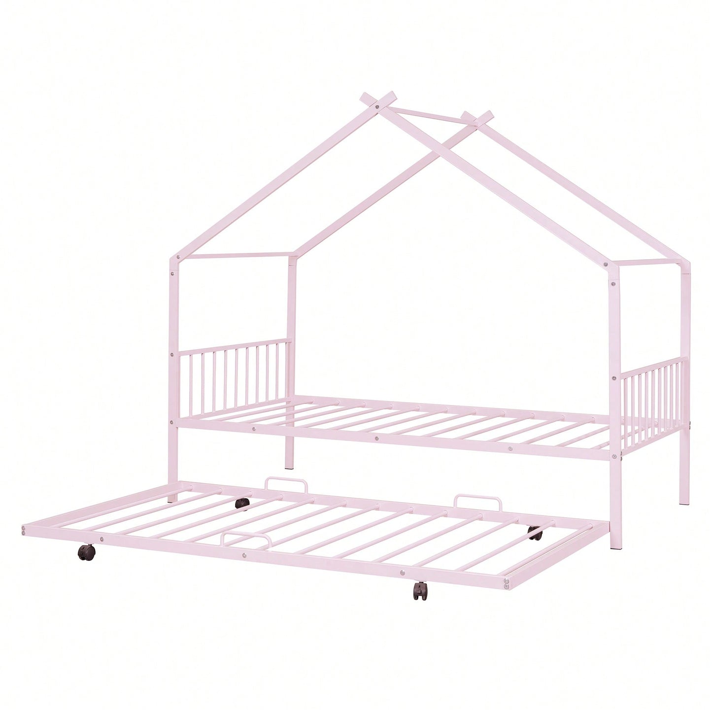 Stylish Twin Size Metal House Bed With Trundle - Space-Saving Design In White