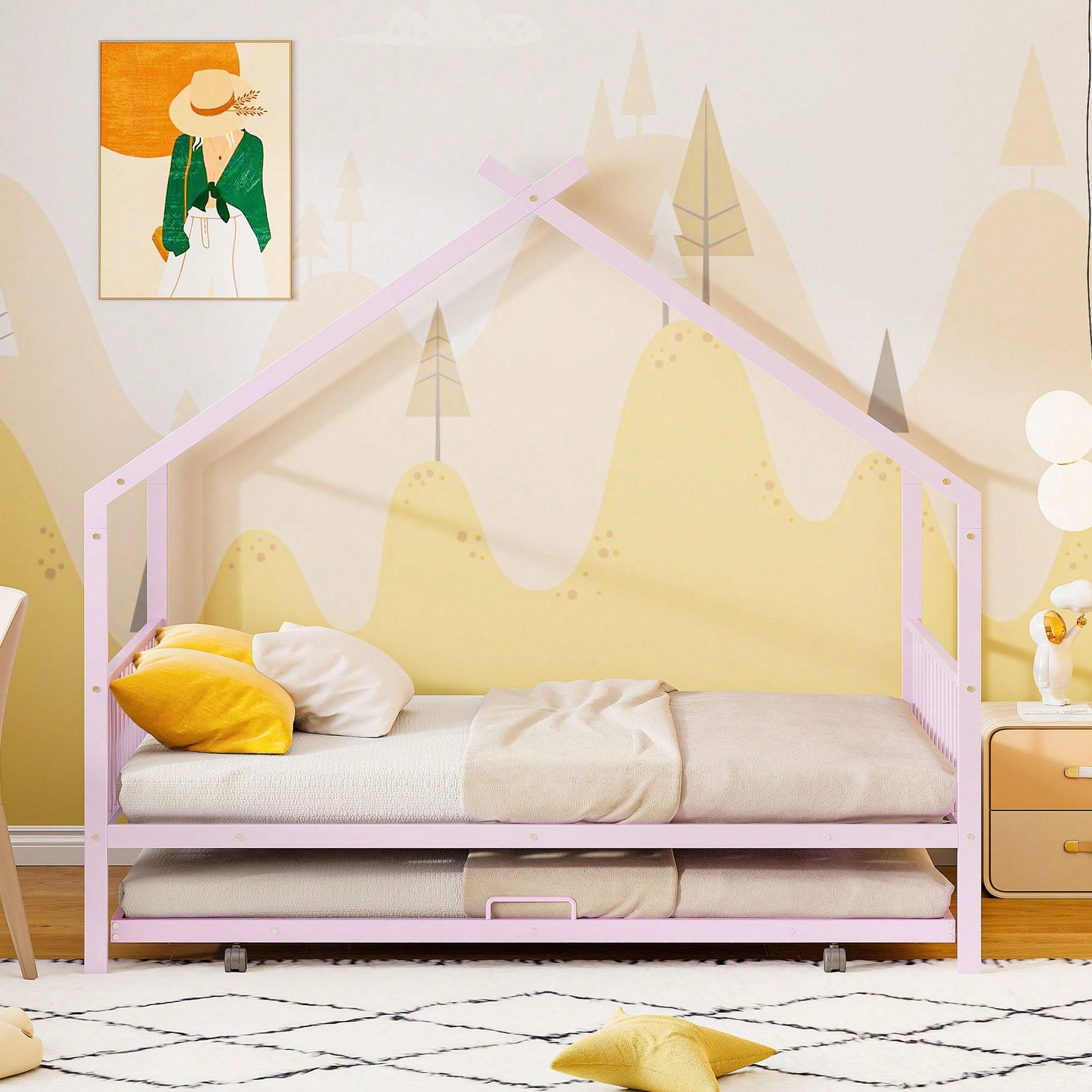 Stylish Twin Size Metal House Bed With Trundle - Space-Saving Design In White