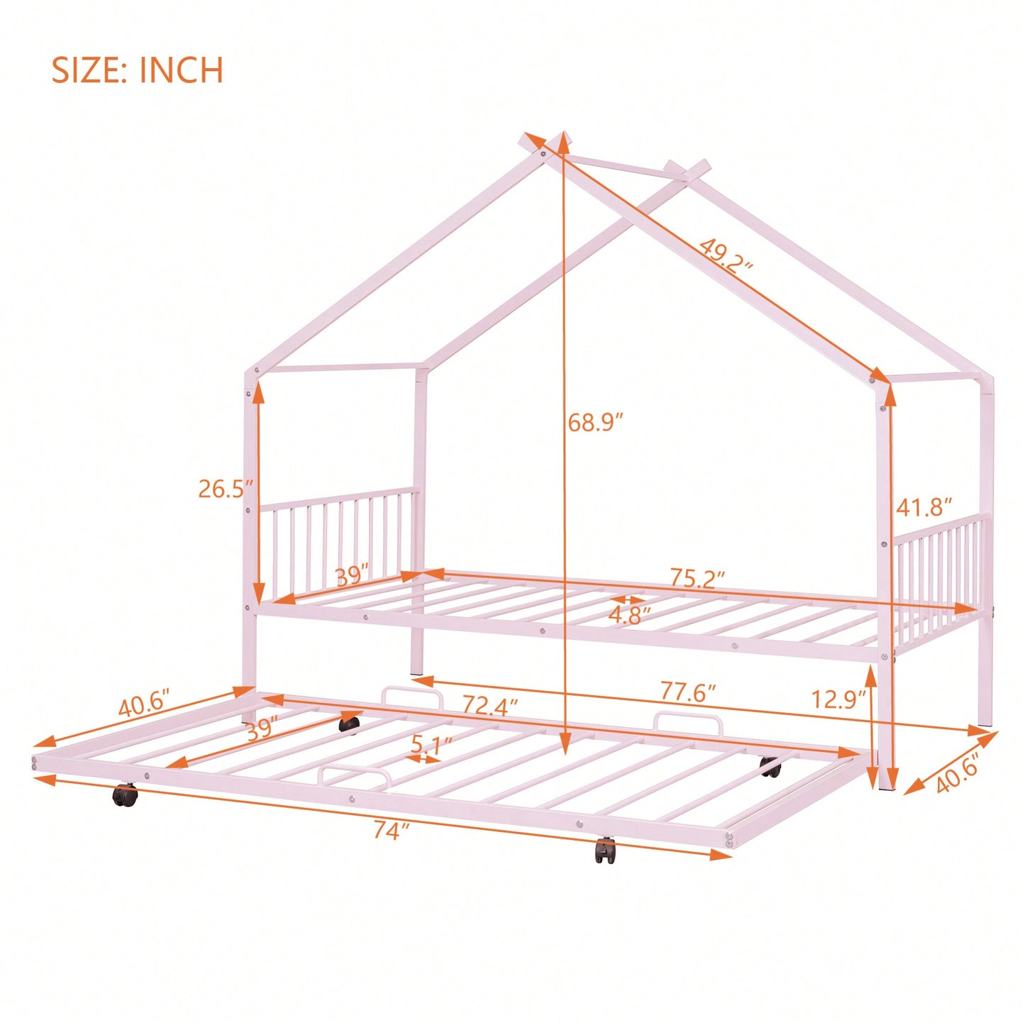 Stylish Twin Size Metal House Bed With Trundle - Space-Saving Design In White