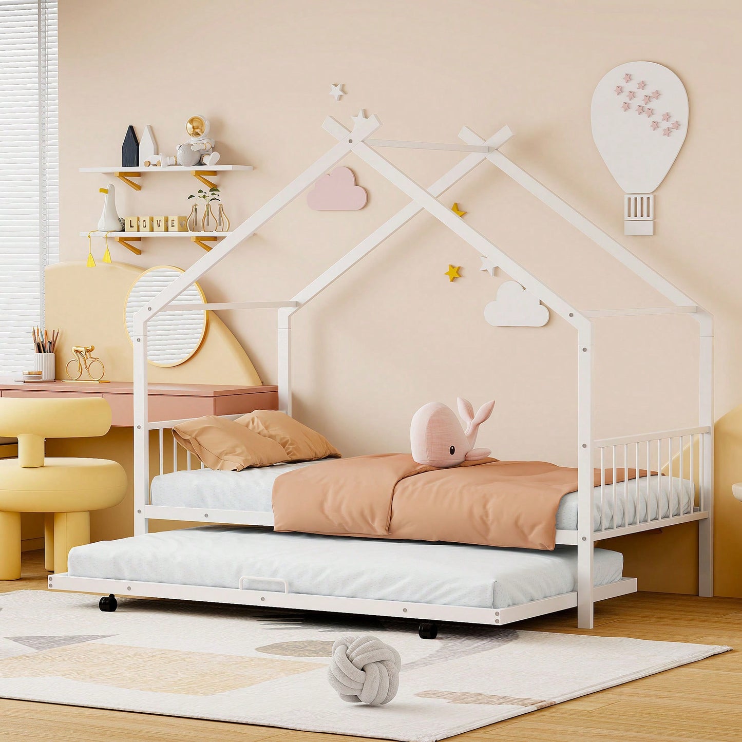 Stylish Twin Size Metal House Bed With Trundle - Space-Saving Design In White