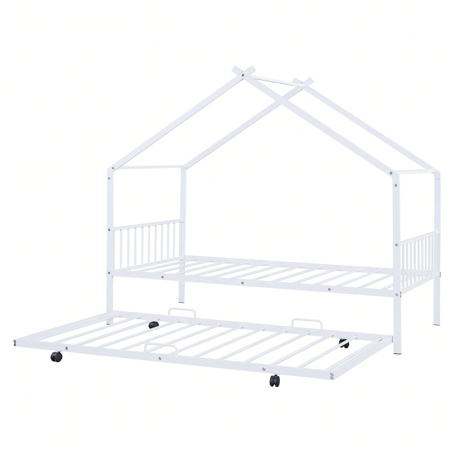 Stylish Twin Size Metal House Bed With Trundle - Space-Saving Design In White