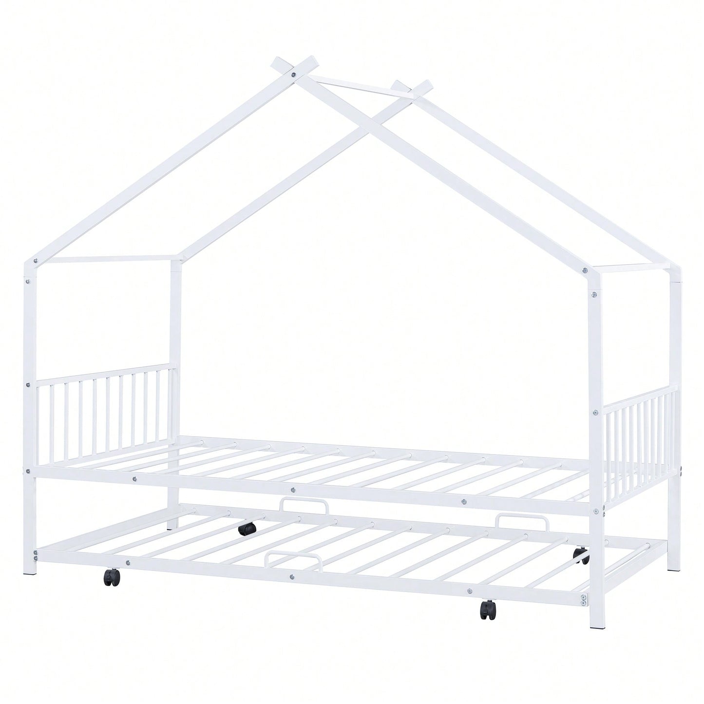 Stylish Twin Size Metal House Bed With Trundle - Space-Saving Design In White