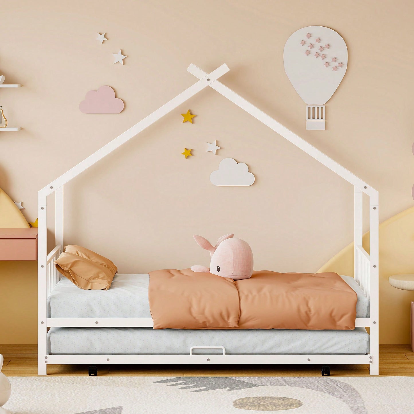 Stylish Twin Size Metal House Bed With Trundle - Space-Saving Design In White