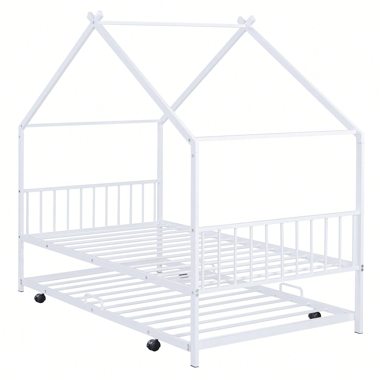 Stylish Twin Size Metal House Bed With Trundle - Space-Saving Design In White
