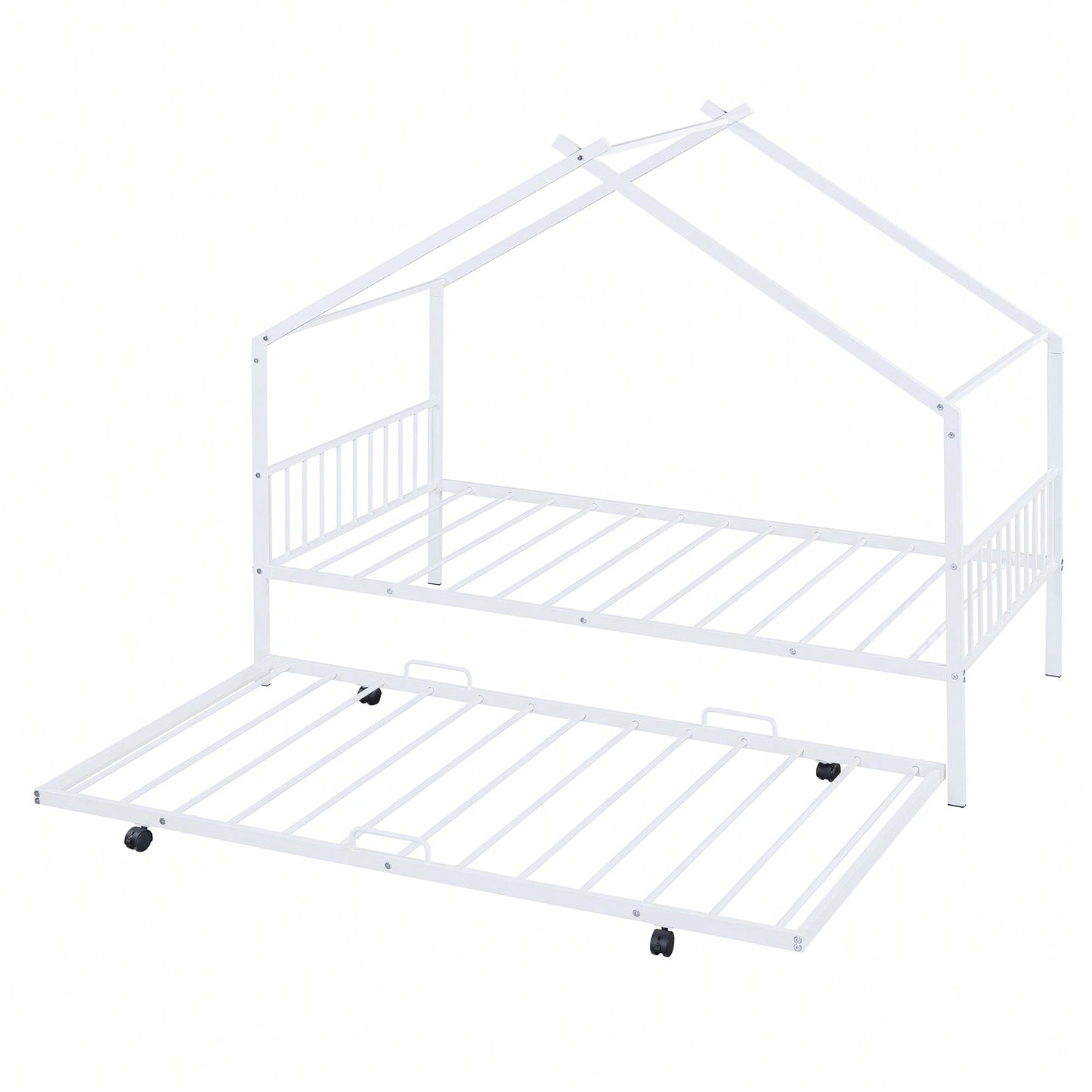 Stylish Twin Size Metal House Bed With Trundle - Space-Saving Design In White