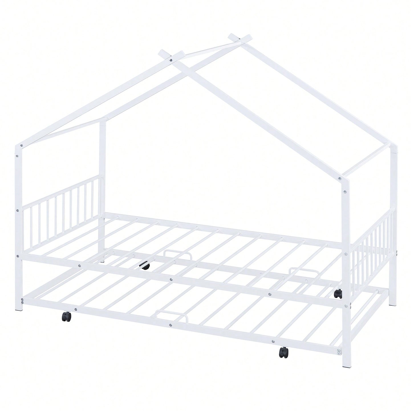 Stylish Twin Size Metal House Bed With Trundle - Space-Saving Design In White