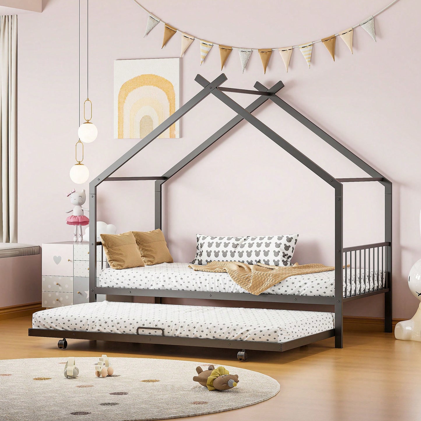 Stylish Twin Size Metal House Bed With Trundle - Space-Saving Design In White