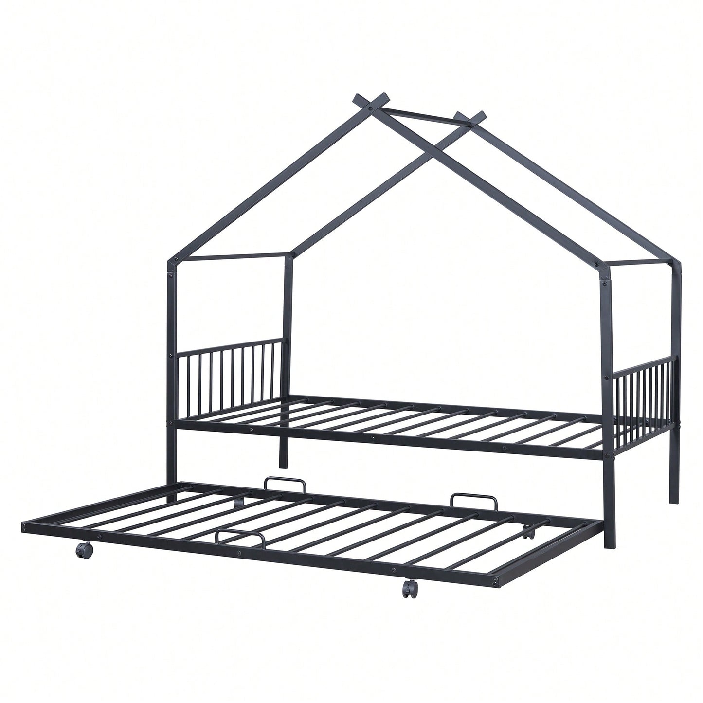 Stylish Twin Size Metal House Bed With Trundle - Space-Saving Design In White