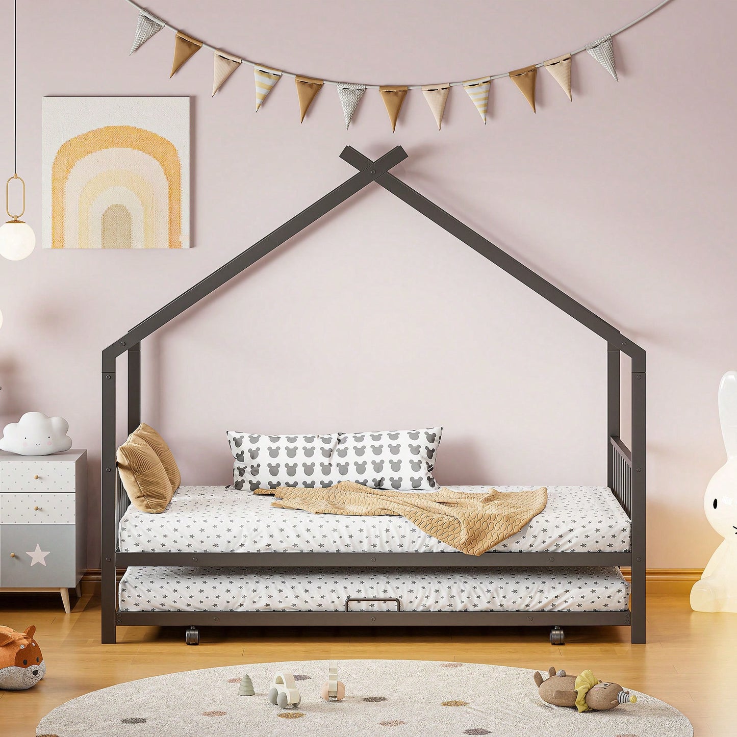 Stylish Twin Size Metal House Bed With Trundle - Space-Saving Design In White