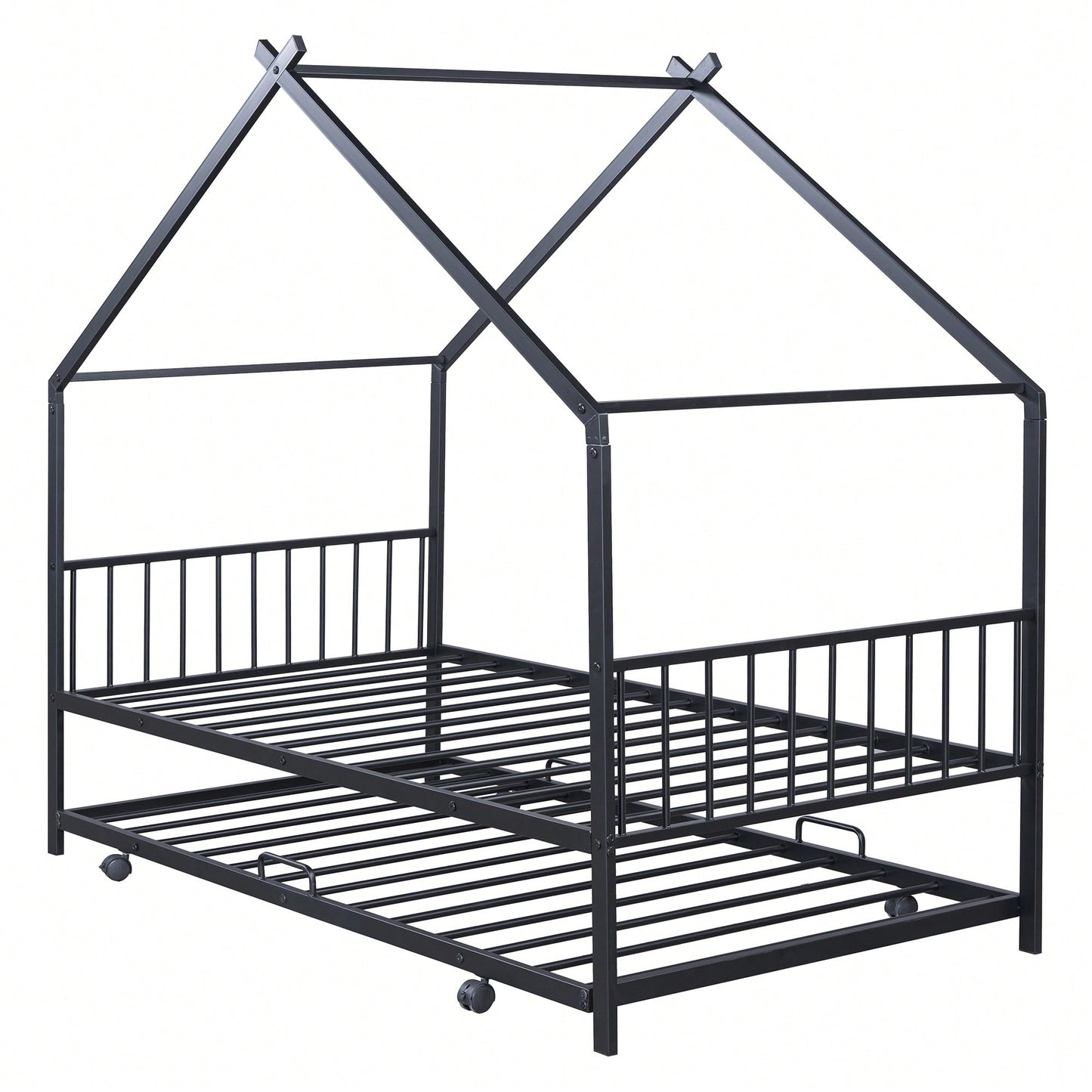 Stylish Twin Size Metal House Bed With Trundle - Space-Saving Design In White