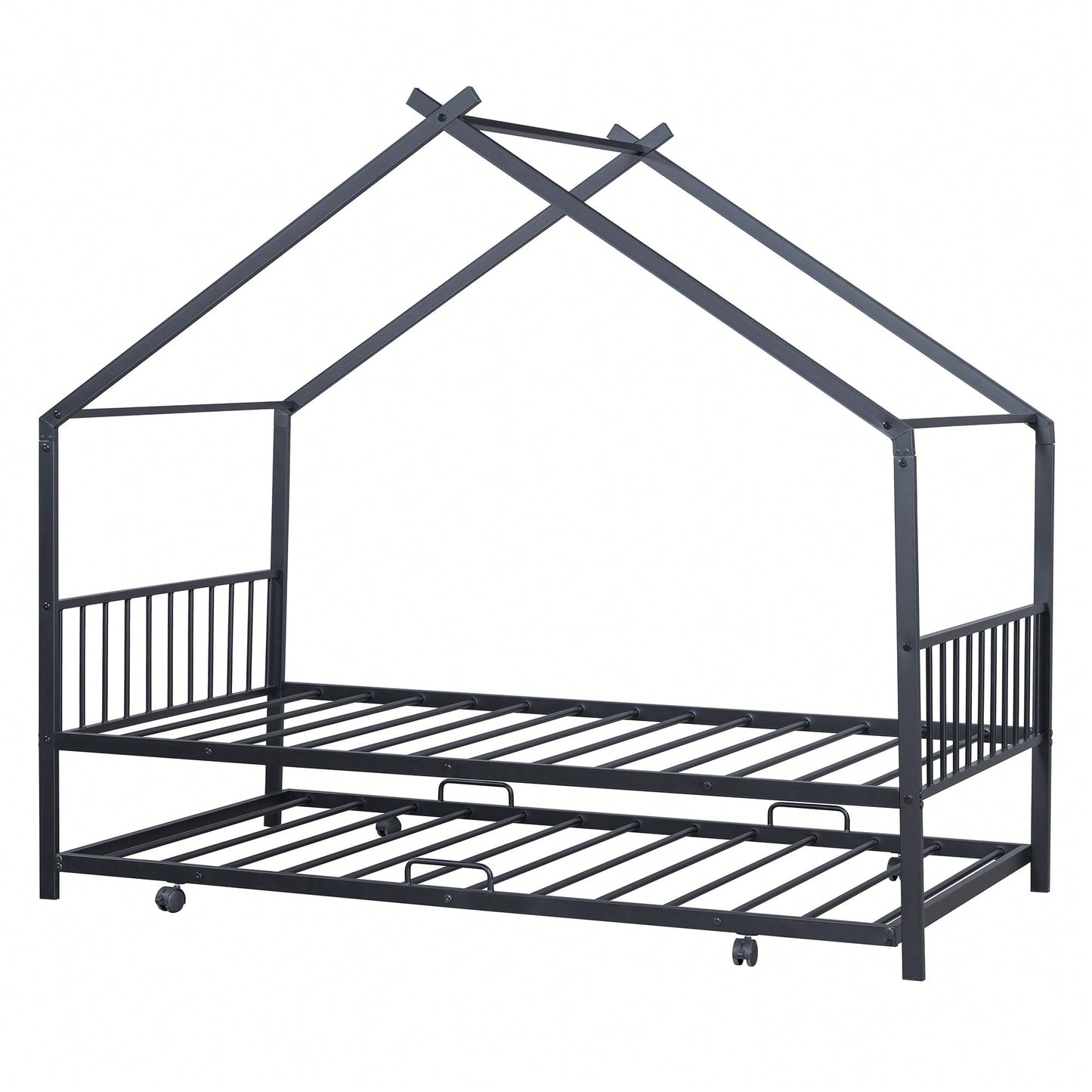 Stylish Twin Size Metal House Bed With Trundle - Space-Saving Design In White