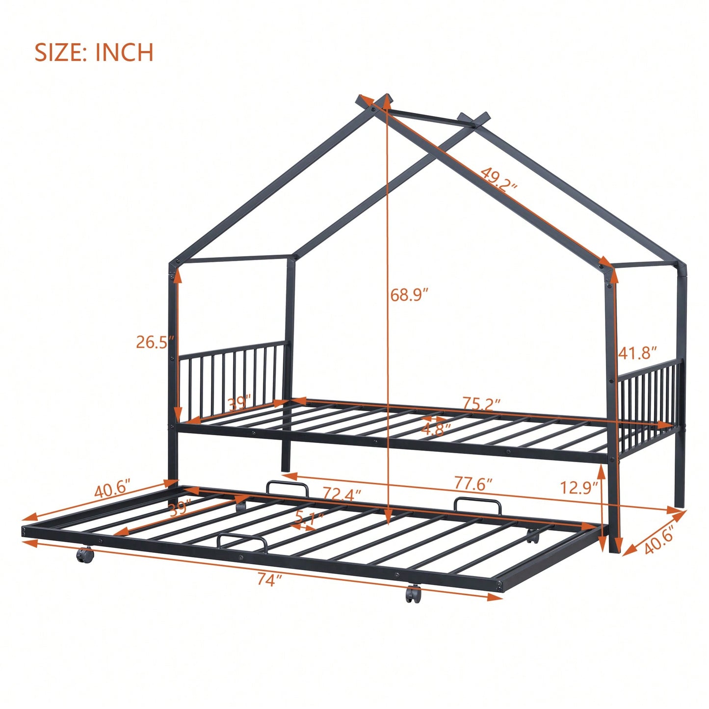 Stylish Twin Size Metal House Bed With Trundle - Space-Saving Design In White