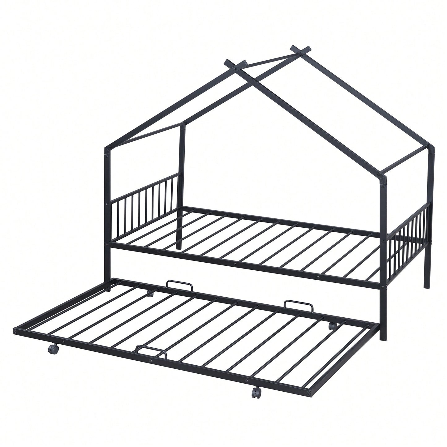 Stylish Twin Size Metal House Bed With Trundle - Space-Saving Design In White
