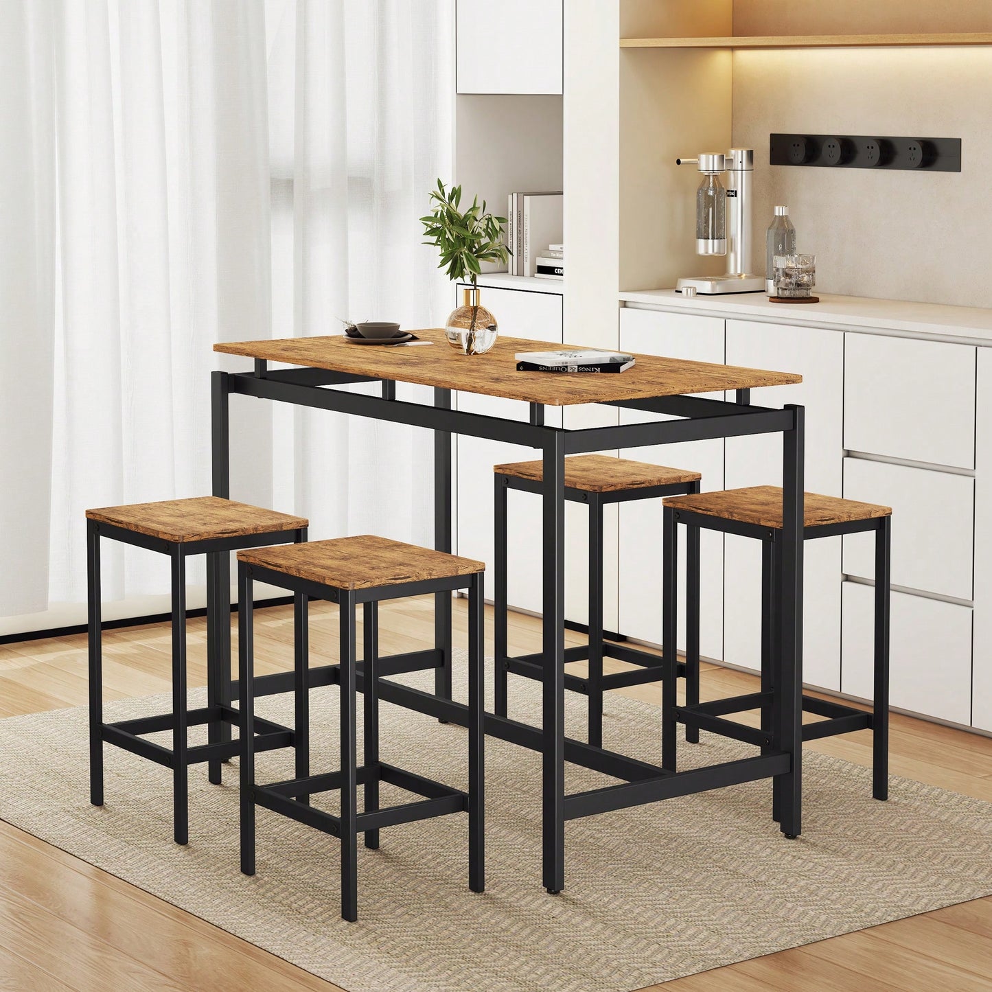 5-Piece Modern Industrial Bar Table Set With Space-Saving Stools - Stylish Furniture For Dining Room And Breakfast Nook (OAK)
