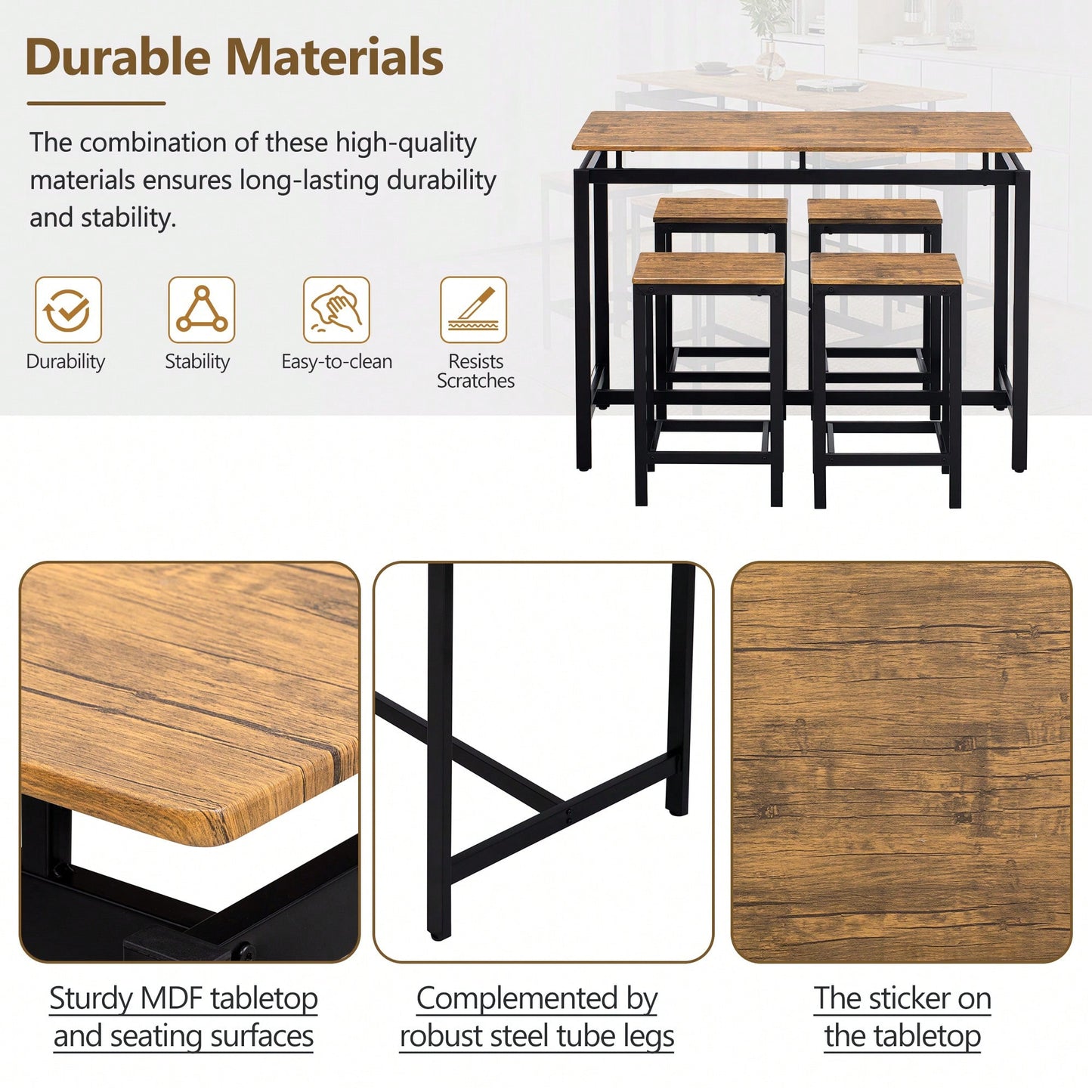 5-Piece Modern Industrial Bar Table Set With Space-Saving Stools - Stylish Furniture For Dining Room And Breakfast Nook (OAK)