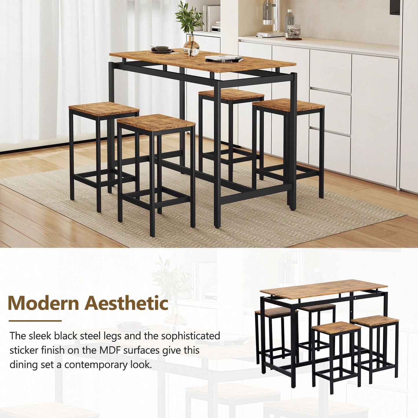 5-Piece Modern Industrial Bar Table Set With Space-Saving Stools - Stylish Furniture For Dining Room And Breakfast Nook (OAK)
