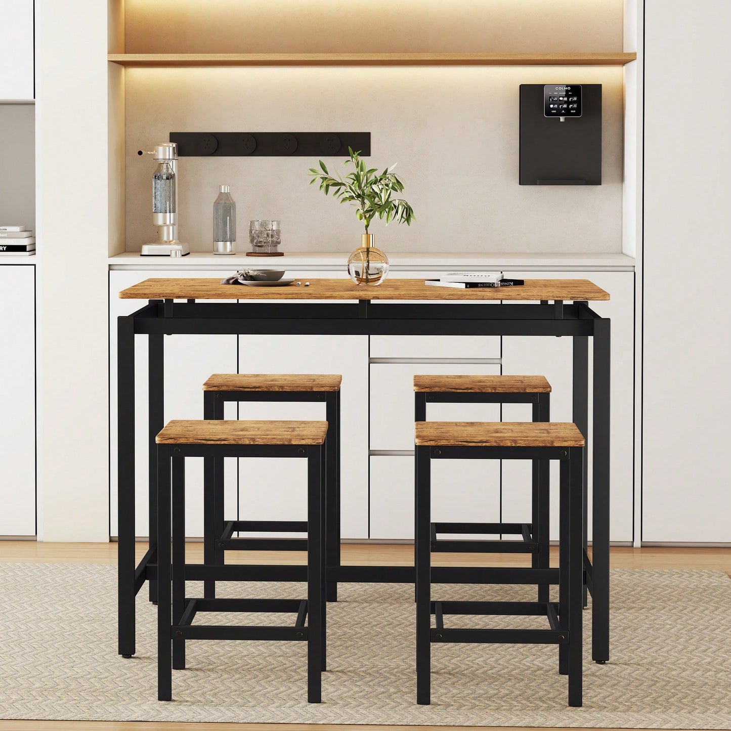 5-Piece Modern Industrial Bar Table Set With Space-Saving Stools - Stylish Furniture For Dining Room And Breakfast Nook (OAK)