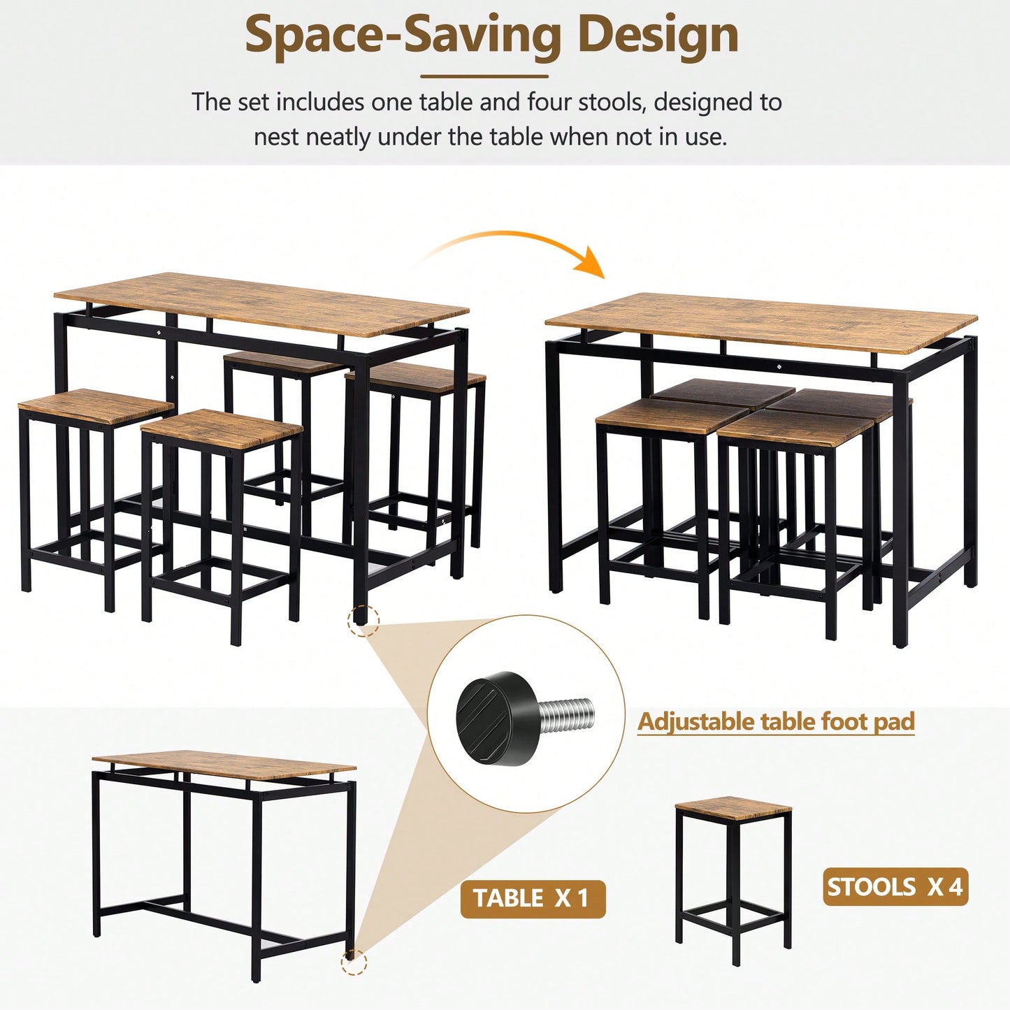 5-Piece Modern Industrial Bar Table Set With Space-Saving Stools - Stylish Furniture For Dining Room And Breakfast Nook (OAK)